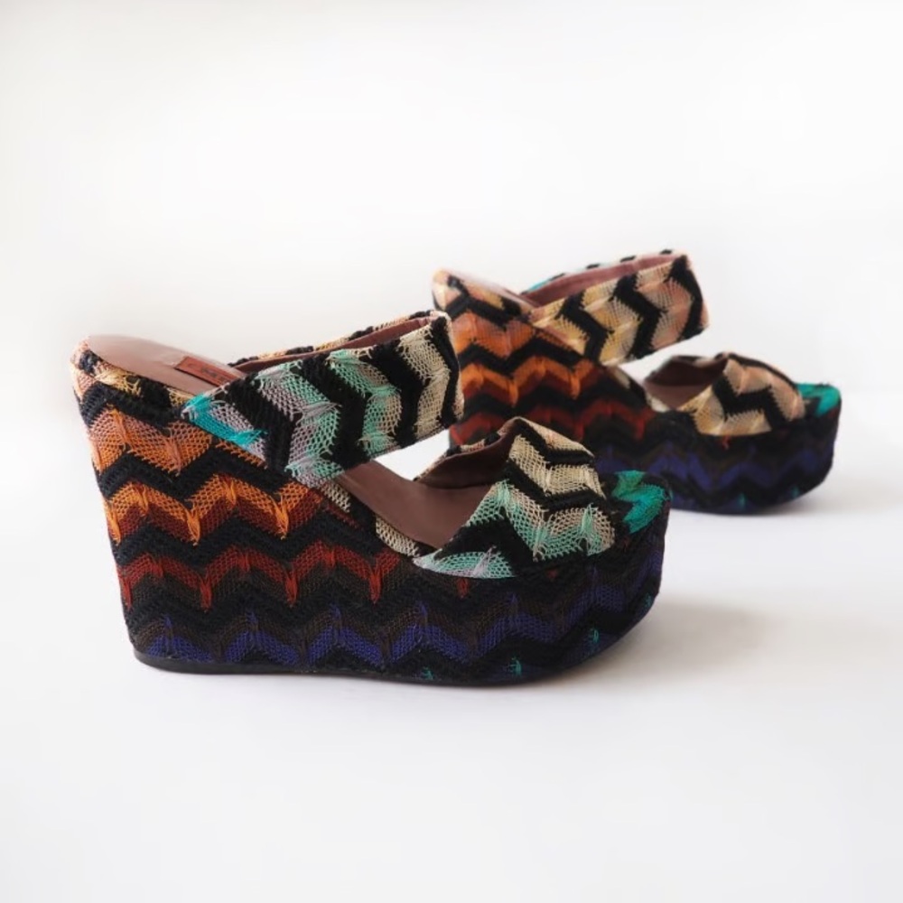37.5 | Missoni Classic Zigzag Fabric Wedges | Jewel Tones Slides - Picture 2 of 10